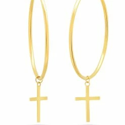 Best Pirce 💯 Nicole Miller 👩 women 14K Yellow Gold 50 Millimeter Hoop with Holy Cross Charm Earrings 🎁