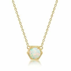 Coupon 🤩 Nicole Miller 👩 women 14k Yellow Gold Overlay Over Sterling Silver Round Gemstone Hexagon Stationary Pendant Necklace on 18 Inch Chain 🎉