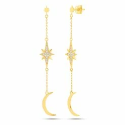Best Pirce 🔔 Nicole Miller 👩 women 14KY Created White Sapphire Star Starburst & Crescent Dangle Post Earring ⌛