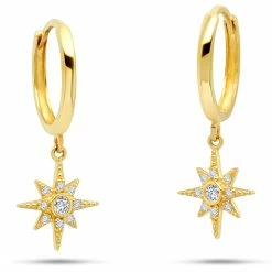 Best Pirce 😍 Nicole Miller 👩 women 14KY Created White Sapphire Star Burst Huggie Hoop Earrings 😉