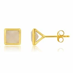 Hot Sale ๐ Nicole Miller ๐ฉ women Sterling Silver and 14k Yellow Gold Plated Princess Cut 6mm Gemstone Square Stud Earrings with Push Backs ๐